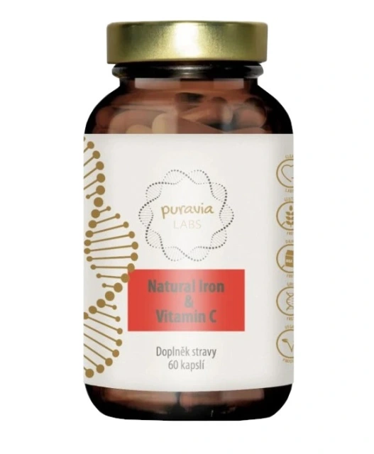 PuraviaLabs Přírodní železo + Vitamín C (BIO Acerola) 60 cps